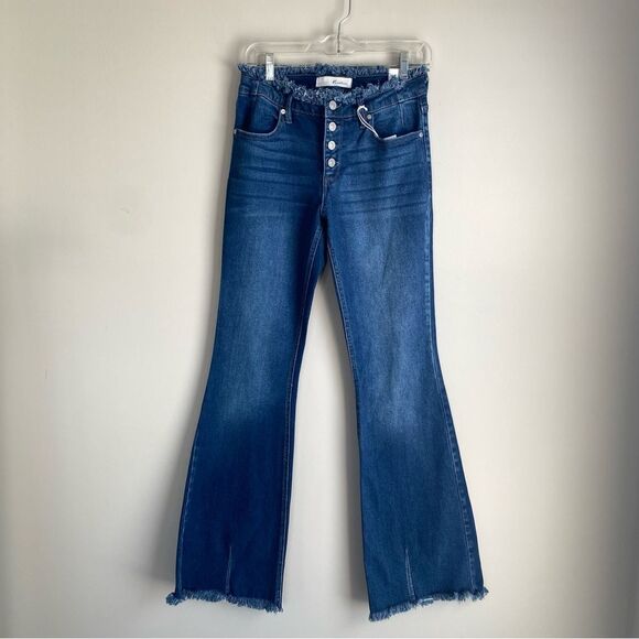 Kancan Veronica Mid Rise Frayed Waist Flare Jeans Button Fly Western Country - Picture 3 of 10